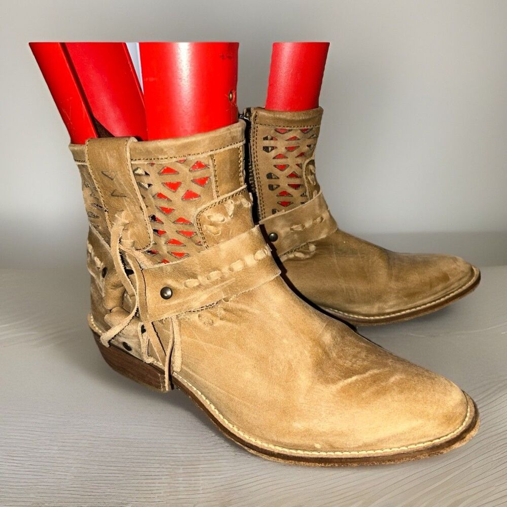 Womens Musse & Cloud Fringe Harness Ankle Boot Tan Leather Sz 7
